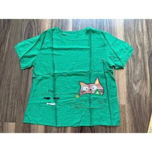 Green Cat Graphic Top Embroidered Pocket Tee Cute Casual Short Sleeve Shirt